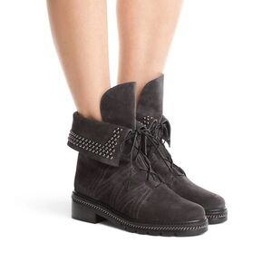 Stuart Weitzman Yadastud Gray Brownish Suede Combat Biker Boots Size 7.5